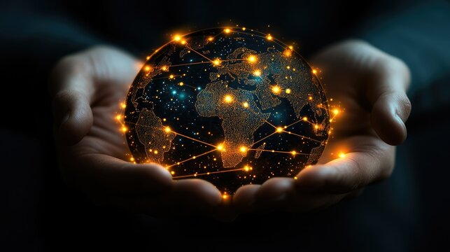 A glowing digital globe held in hands, symbolizing global connectivity and technology.