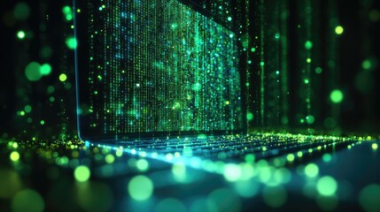 A glowing laptop with digital data streams, symbolizing technology and information.