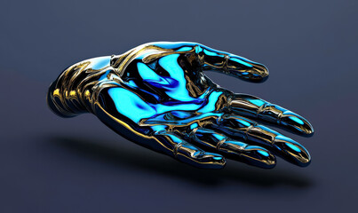 Metallic Hand Sculpture in Abstract Art Style with Fluid Surface and Reflective Blue Highlights Against Dark Background for Contemporary Design