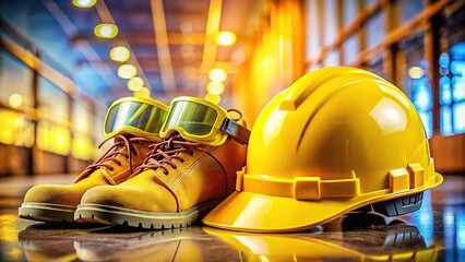 National Safety Month, Labor Day Safety at Workplace - Bright Yellow Hard Hat & Shoes