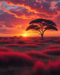 Vibrant African Sunset with Dramatic Red and Orange Sky, Silhouetted Acacia Tree, and Serene Savannah Landscape Showcasing the Beauty of Nature's Golden Hour

