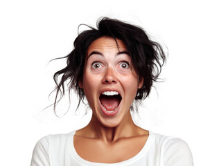 A highly realistic portrait of a  woman with long straight black hair, white shirt, showcasing a of facial expressions such as surprised