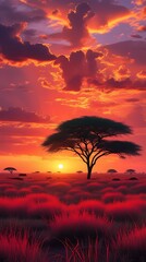 Vibrant African Sunset with Dramatic Red and Orange Sky, Silhouetted Acacia Tree, and Serene Savannah Landscape Showcasing the Beauty of Nature's Golden Hour

