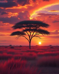 Vibrant African Sunset with Dramatic Red and Orange Sky, Silhouetted Acacia Tree, and Serene Savannah Landscape Showcasing the Beauty of Nature's Golden Hour

