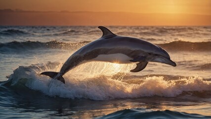 Fototapeta premium A dolphin leaps gracefully above ocean waves at sunset, showcasing its agility and beauty.