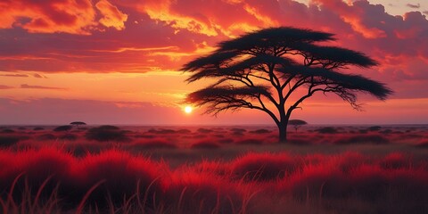 Vibrant African Sunset with Dramatic Red and Orange Sky, Silhouetted Acacia Tree, and Serene Savannah Landscape Showcasing the Beauty of Nature's Golden Hour

