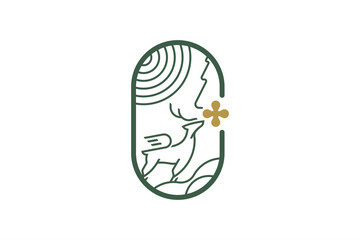 Minimalist Deer on Mountain Logo with Rising Sun and Gold Four-Leaf Clover, Oval Frame, Nature and Good Fortune Design