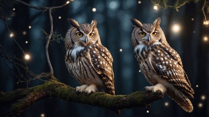 Fototapeta premium Two majestic owls perched on a mossy branch in a mystical forest setting.
