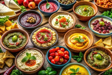 Fototapeta premium Mediterranean delights: A vibrant platter of mezze and tapas appetizers.