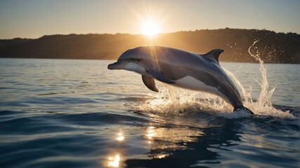 Fototapeta premium A dolphin leaps gracefully from the water at sunset, creating a stunning natural scene.