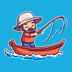 Naklejka premium A cheerful character fishing from a boat against a bright blue background, showcasing a fun and playful fishing theme.
