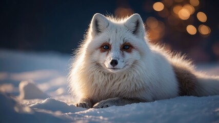 A close-up of a white fox resting in the snow, illuminated by soft background lights.
