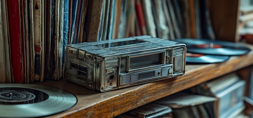 Dusty cassette player on shelf with vinyl records