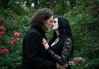 Fototapeta premium Gothic couple embracing in lush garden setting with pink flowers