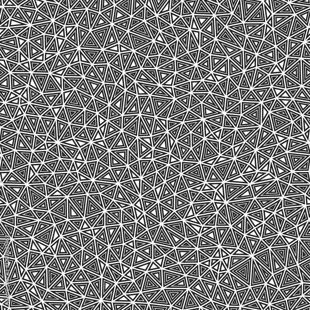 Poster triangles vector pattern. multiple repeated inner triangles. small shape size. black and white style
