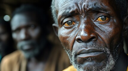 Elderly African man, village setting, pensive gaze, community backdrop. Use humanitarian aid
