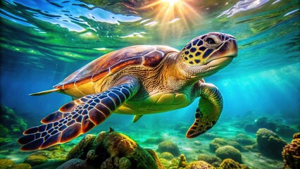 Obraz premium Underwater Green Sea Turtle, Aquatic Nature, Ocean Wildlife