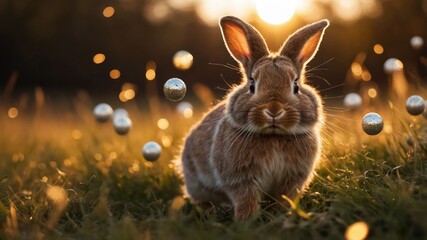 A rabbit in a sunlit field surrounded by floating orbs, creating a whimsical atmosphere.