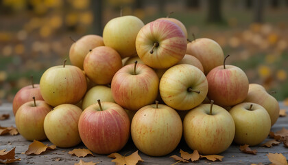 Fresh Juicy Apples Autumn Harvest Pile on Wooden Table