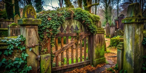 Ruined gate, overgrown, marks a forgotten, decaying cemetery's historic, abandoned entrance.