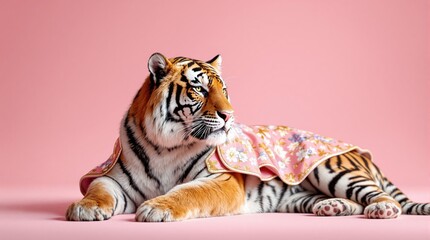 Majestic tiger lounging in floral cape against pink background