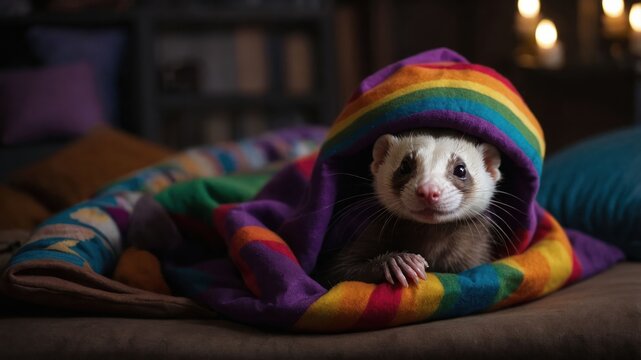 A ferret wrapped in a rainbow blanket, cozy and relaxed in a warm setting.