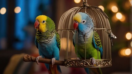 Obraz na płótnie Canvas Two colorful budgerigars, one in a cage, perched on a branch, with a cozy background.