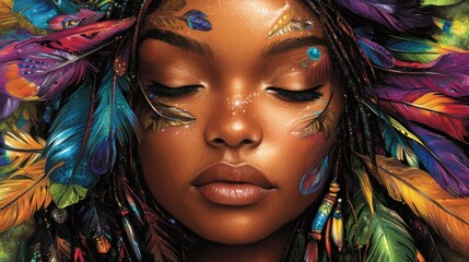 Ethereal portrait of a young woman adorned with vibrant feathers and intricate body art, showcasing cultural beauty and self-expression