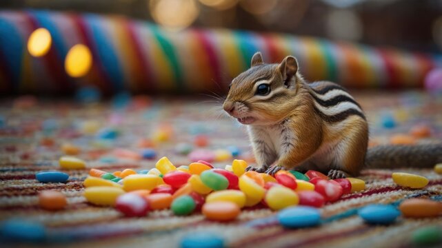 A chipmunk curiously explores a colorful assortment of candies on a patterned surface.