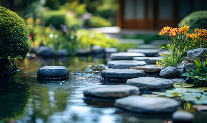 Serene garden stepping stones, pond, zen