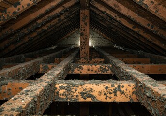 Abandoned attic with moldy wooden beams in dark, rustic setting