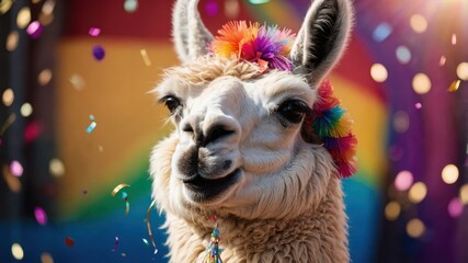 Obraz premium A cheerful llama adorned with a colorful flower crown amidst confetti and a vibrant backdrop.