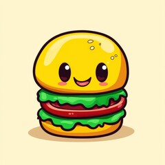 Fototapeta premium A cute, cartoonish burger character with a smiling face, featuring yellow bun, green lettuce, and red tomato layers on a light background.
