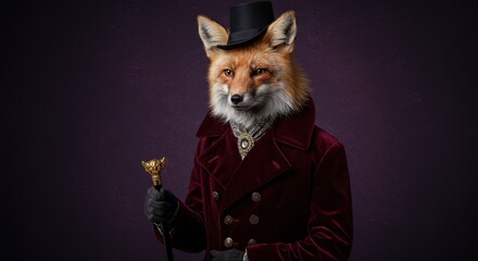 Regal fox in victorian attire: surreal animal portrait with top hat and cane