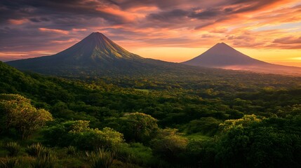 Sunset Volcanoes and Lush Tropical Rainforest Landscape
