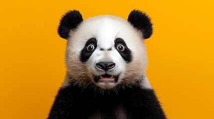 Fototapeta premium Panda portrait zoo animal photography vibrant yellow background close-up