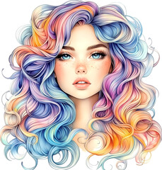 Obraz premium A woman with long, colorful hair and blue eyes. The hair is a mix of blue, pink, and orange