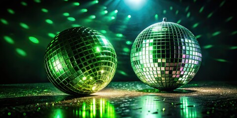 Fototapeta premium Spinning disco ball, retro green lights flash against a black backdrop, evoking 70s nightclub vibes.