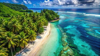 Fototapeta premium Stunning aerial drone footage captures Western Samoa's idyllic coastline: turquoise waters, pristine white sand beaches.