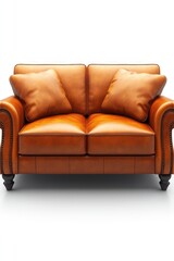 Brown leather couch, two pillows, classic style.