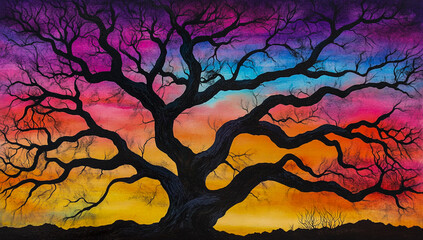 A dark silhouette of a gnarled, leafless tree stands out against the vibrant, colorful hues of the breathtaking sunset sky.