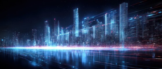 Naklejka premium Futuristic city skyline at night with vibrant lights reflecting on water