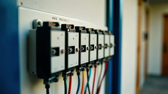 a labeled fuse box with circuit breakers in a residential electrical system providing power control safety and distribution management for a home or building