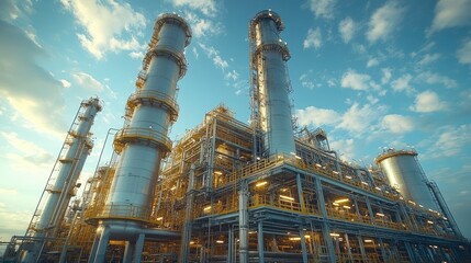 Fototapeta premium A large industrial facility with tall towers and pipes under a blue sky.