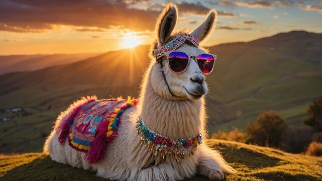 A stylish llama wearing sunglasses and colorful accessories, resting against a scenic sunset backdrop. - Powered by Adobe