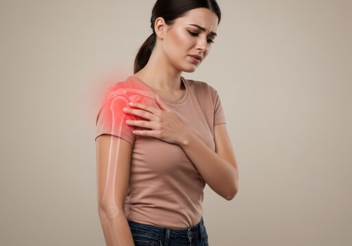 Woman experiencing shoulder pain with highlighted bones and red inflamed area