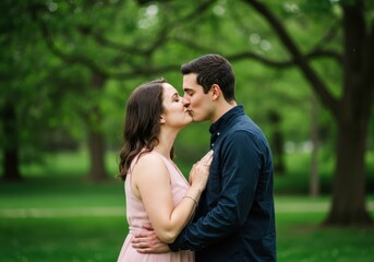 Fototapeta premium Romantic couple kissing in a lush green park setting underneath vibrant trees