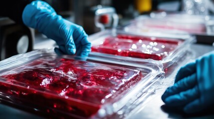 Food preservation equipment sealing vacuum-packed products in a factory.
