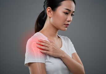Obraz premium Woman experiencing shoulder pain with highlighted joint area