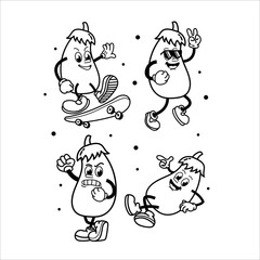 Set Cute and fun retro eggplant cartoon character vector illustration. Cool and fun eggplant character print design.